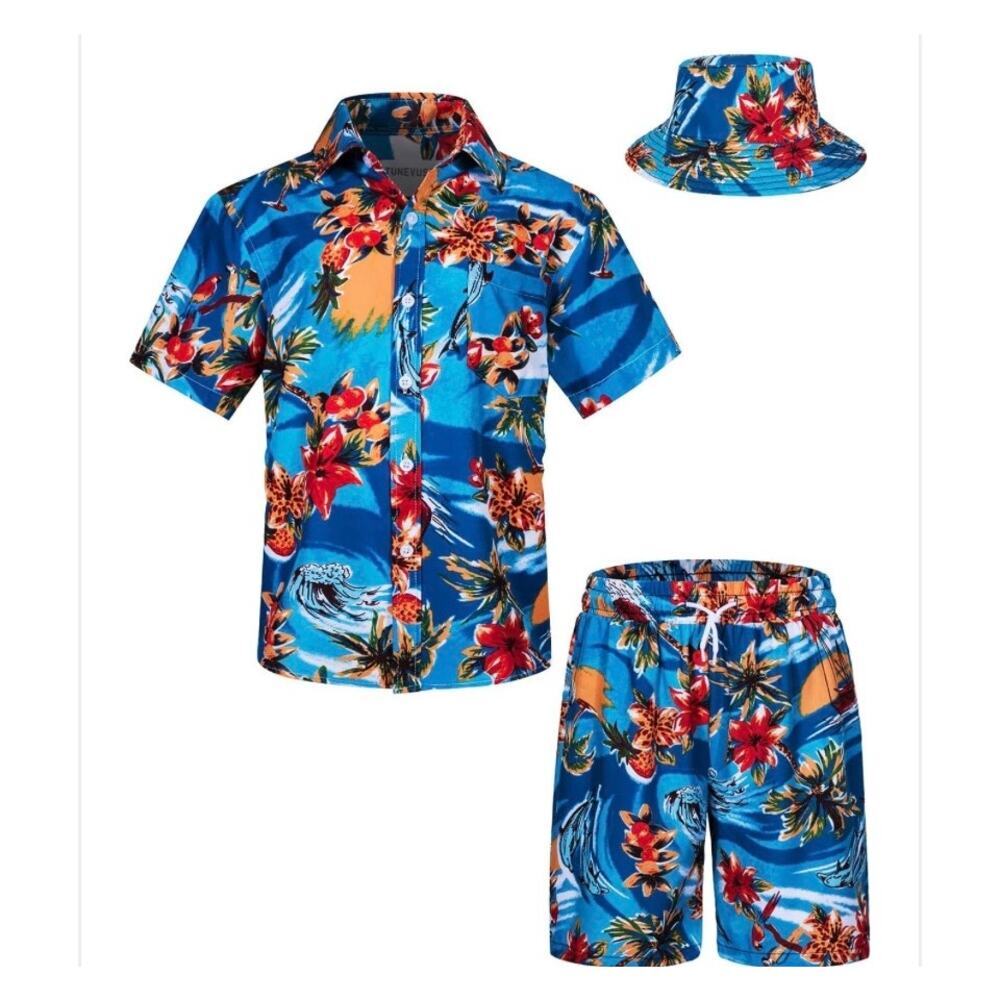 Tunevuse Boys Hawaiian 3pc Cabana‎ Set Shirt Shorts Hat Blue Floral Outfit NEW